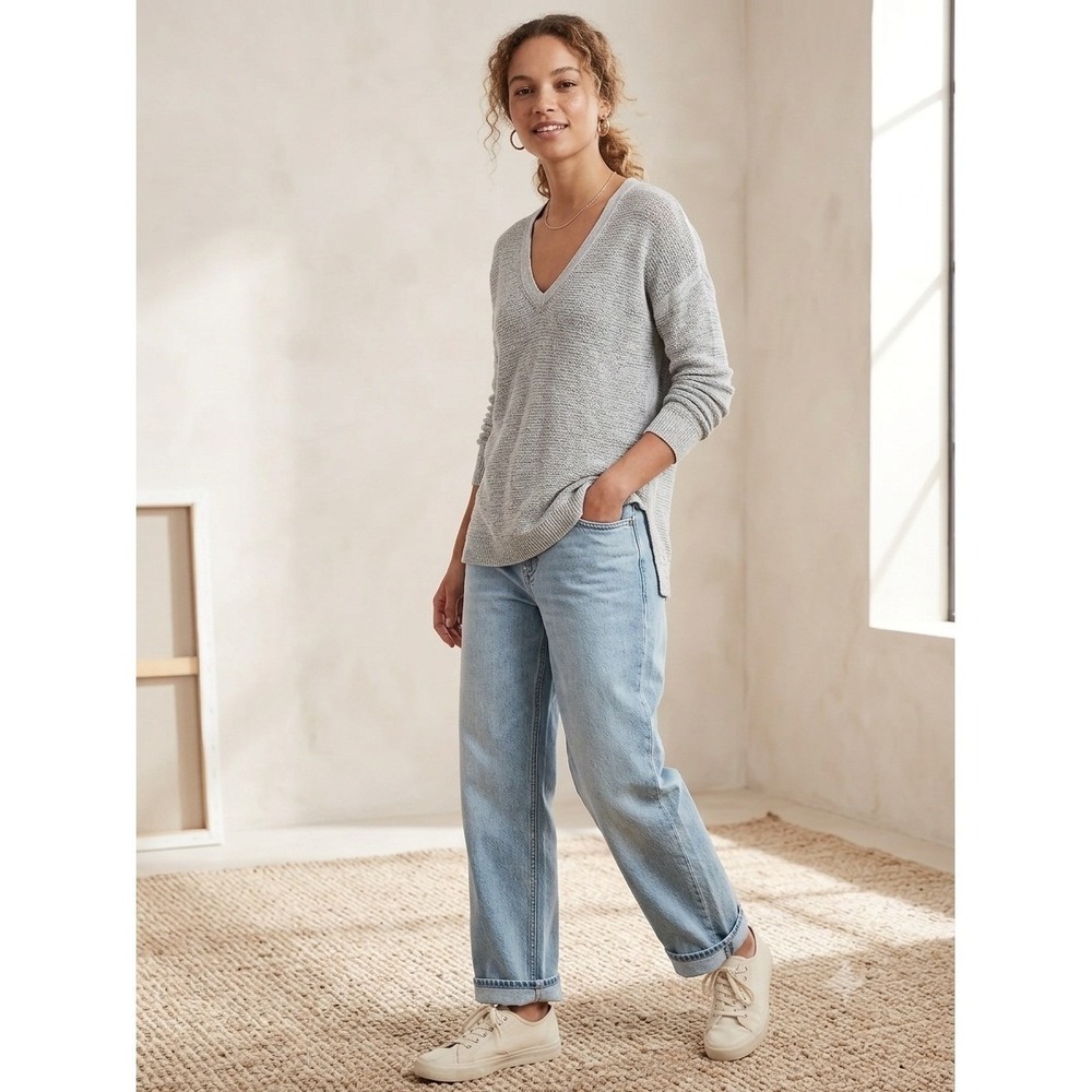 Banana Republic Womens Heather Gray Linen Viscose V-Neck Textured Sweater Small
